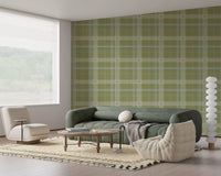 Heritage Plaid - Windowpane Tartan Check Linen - Meadow Green & Chalk Wallpaper⁠