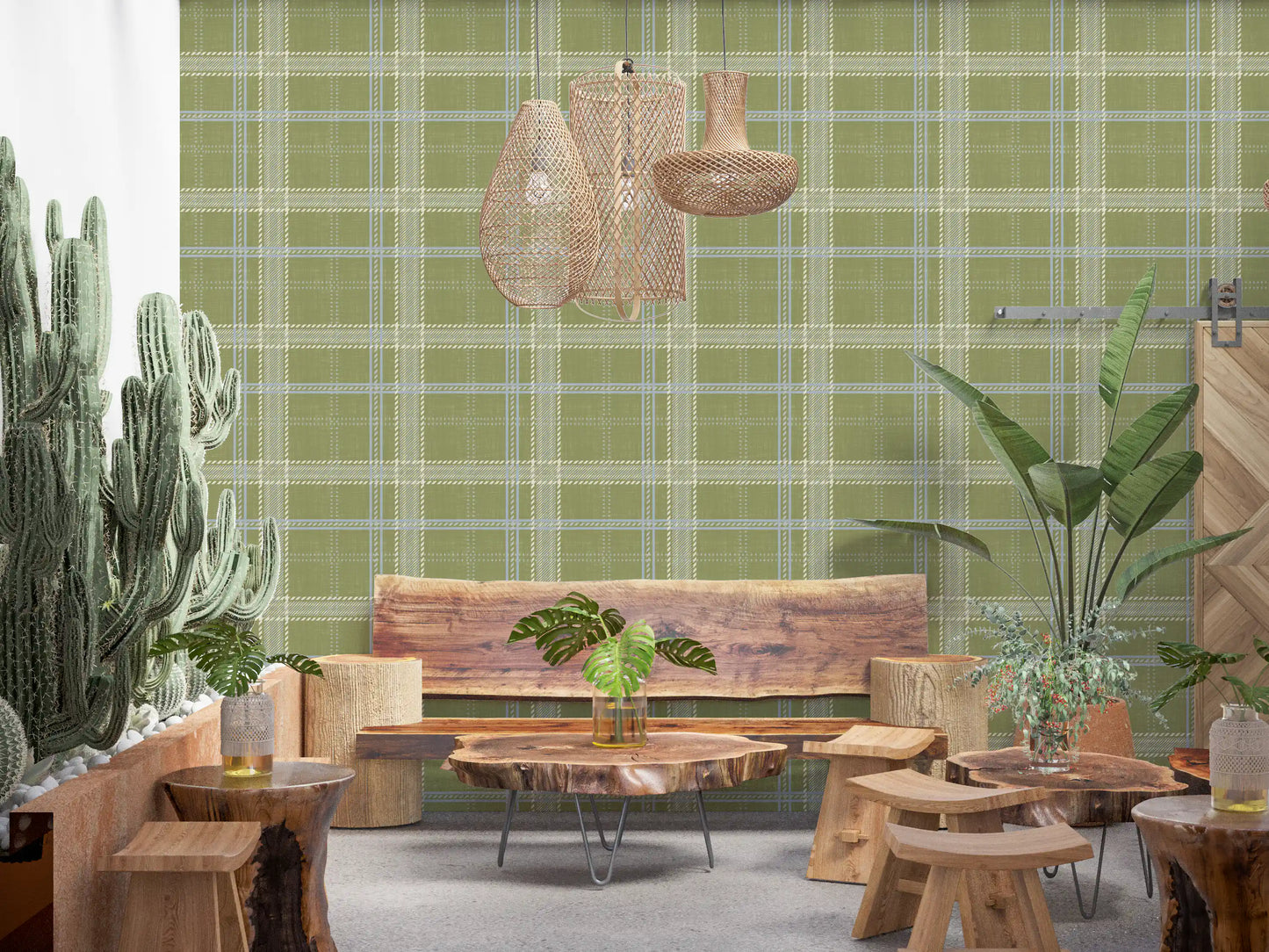 Heritage Plaid - Windowpane Tartan Check Linen - Meadow Green & Chalk Wallpaper⁠