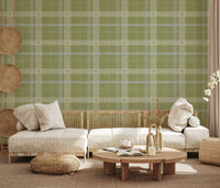 Heritage Plaid - Windowpane Tartan Check Linen - Meadow Green & Chalk Wallpaper⁠