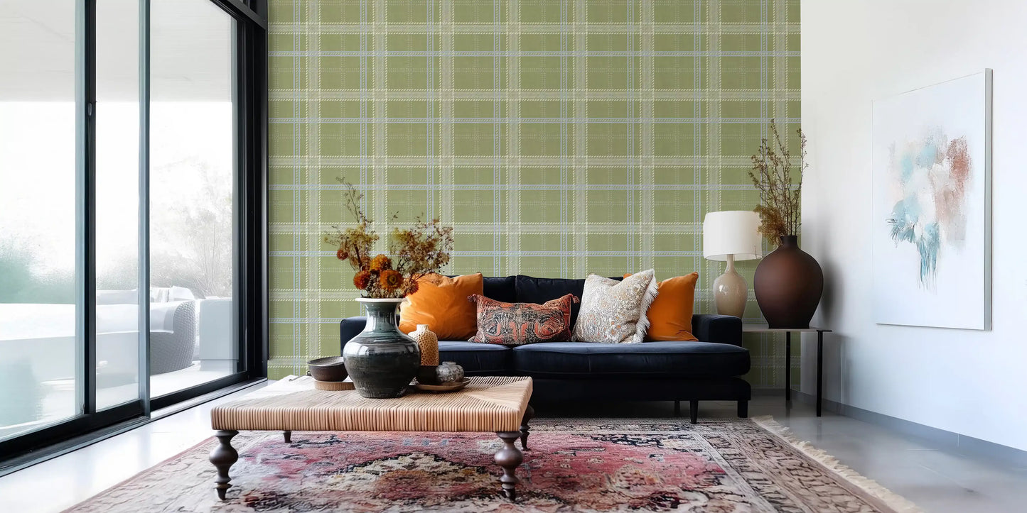 Heritage Plaid - Windowpane Tartan Check Linen - Meadow Green & Chalk Wallpaper⁠