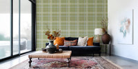 Heritage Plaid - Windowpane Tartan Check Linen - Meadow Green & Chalk Wallpaper⁠