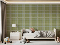 Heritage Plaid - Windowpane Tartan Check Linen - Meadow Green & Chalk Wallpaper⁠