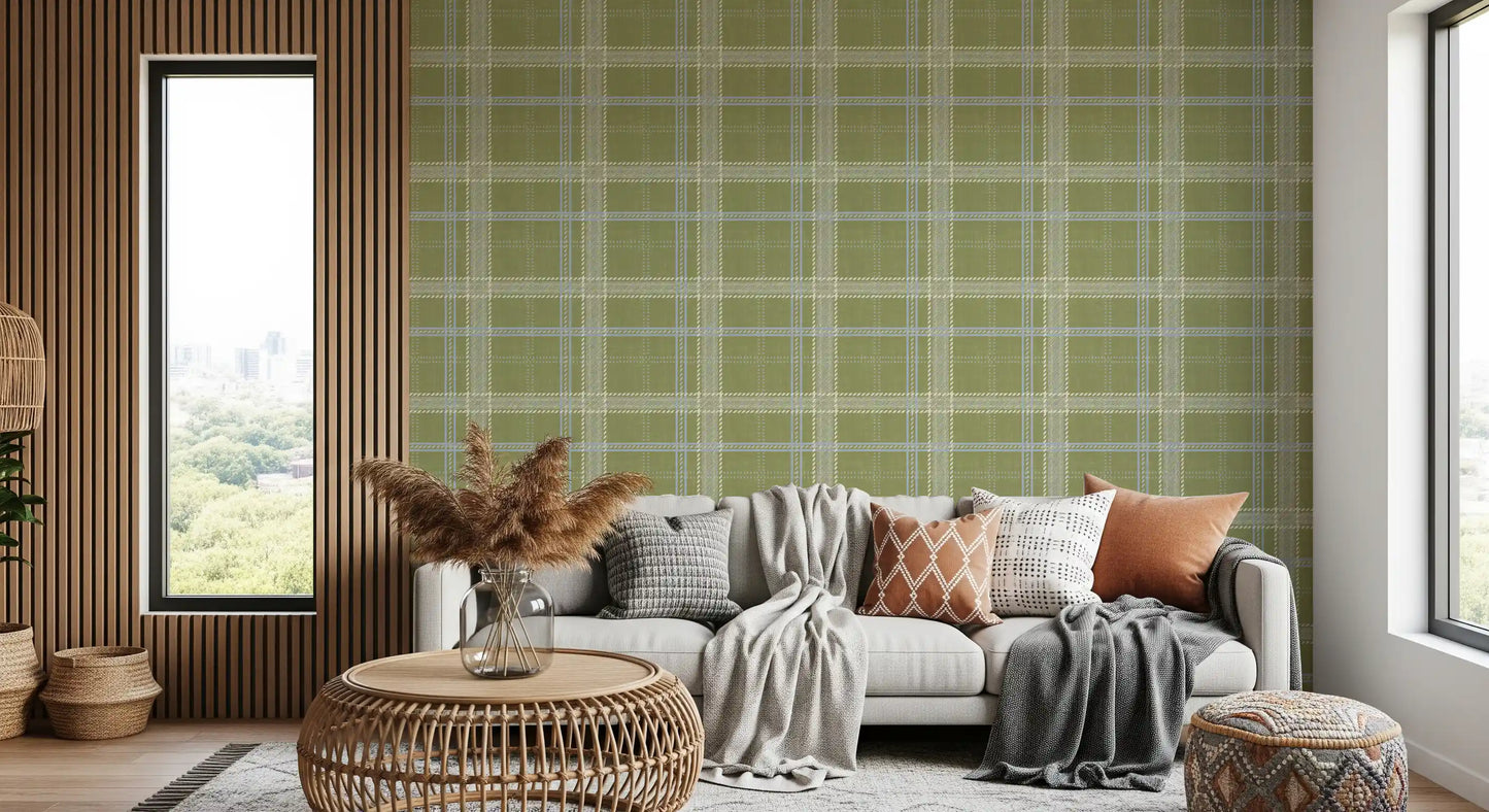 Heritage Plaid - Windowpane Tartan Check Linen - Meadow Green & Chalk Wallpaper⁠