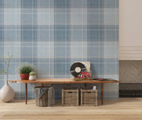 Heritage Plaid - Tartan Checkerboard Block Linen - French & Denim Blue Wallpaper⁠