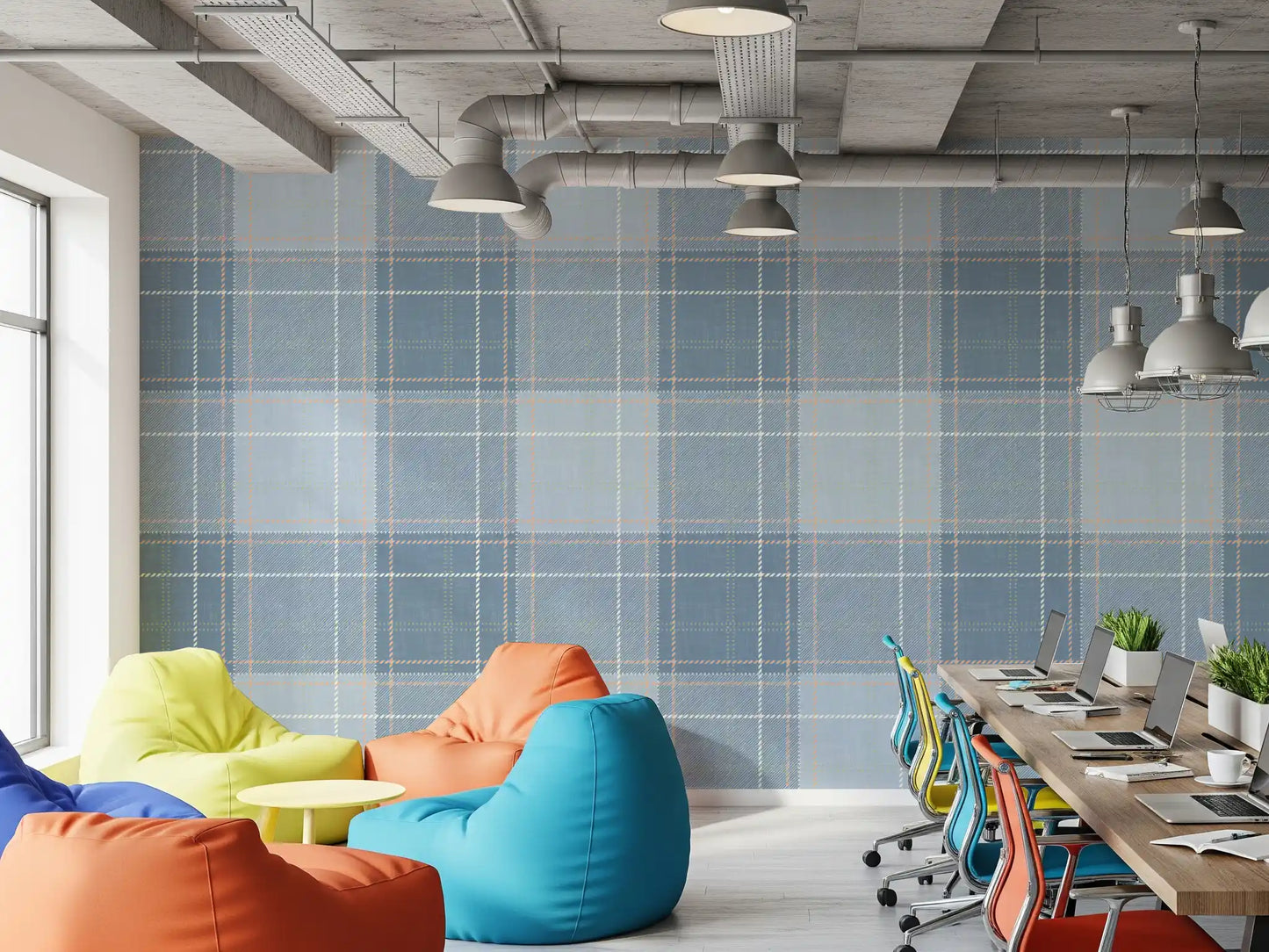 Heritage Plaid - Tartan Checkerboard Block Linen - French & Denim Blue Wallpaper⁠
