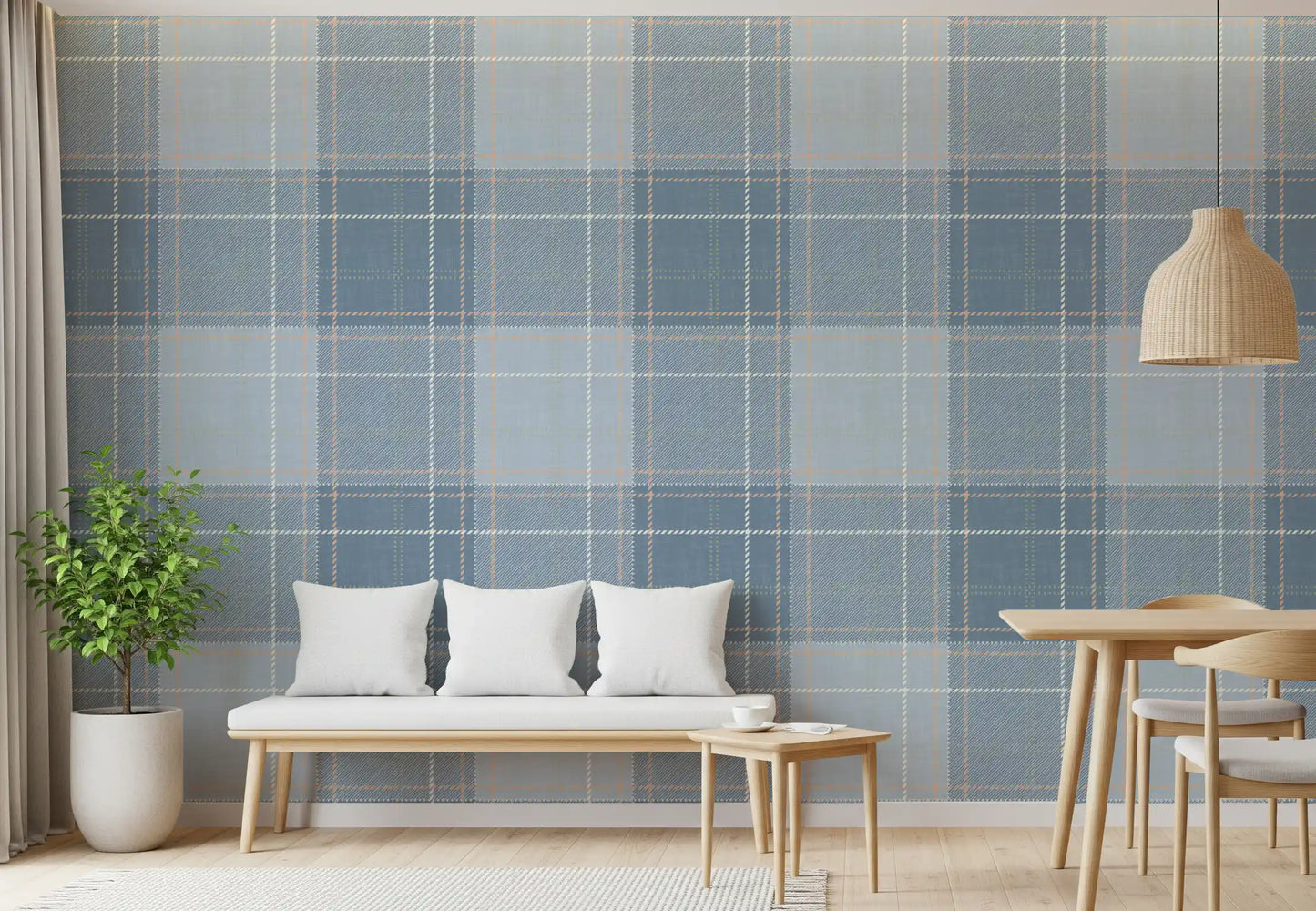 Heritage Plaid - Tartan Checkerboard Block Linen - French & Denim Blue Wallpaper⁠