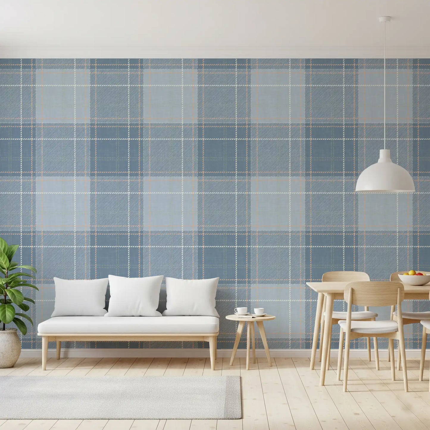 Heritage Plaid - Tartan Checkerboard Block Linen - French & Denim Blue Wallpaper⁠
