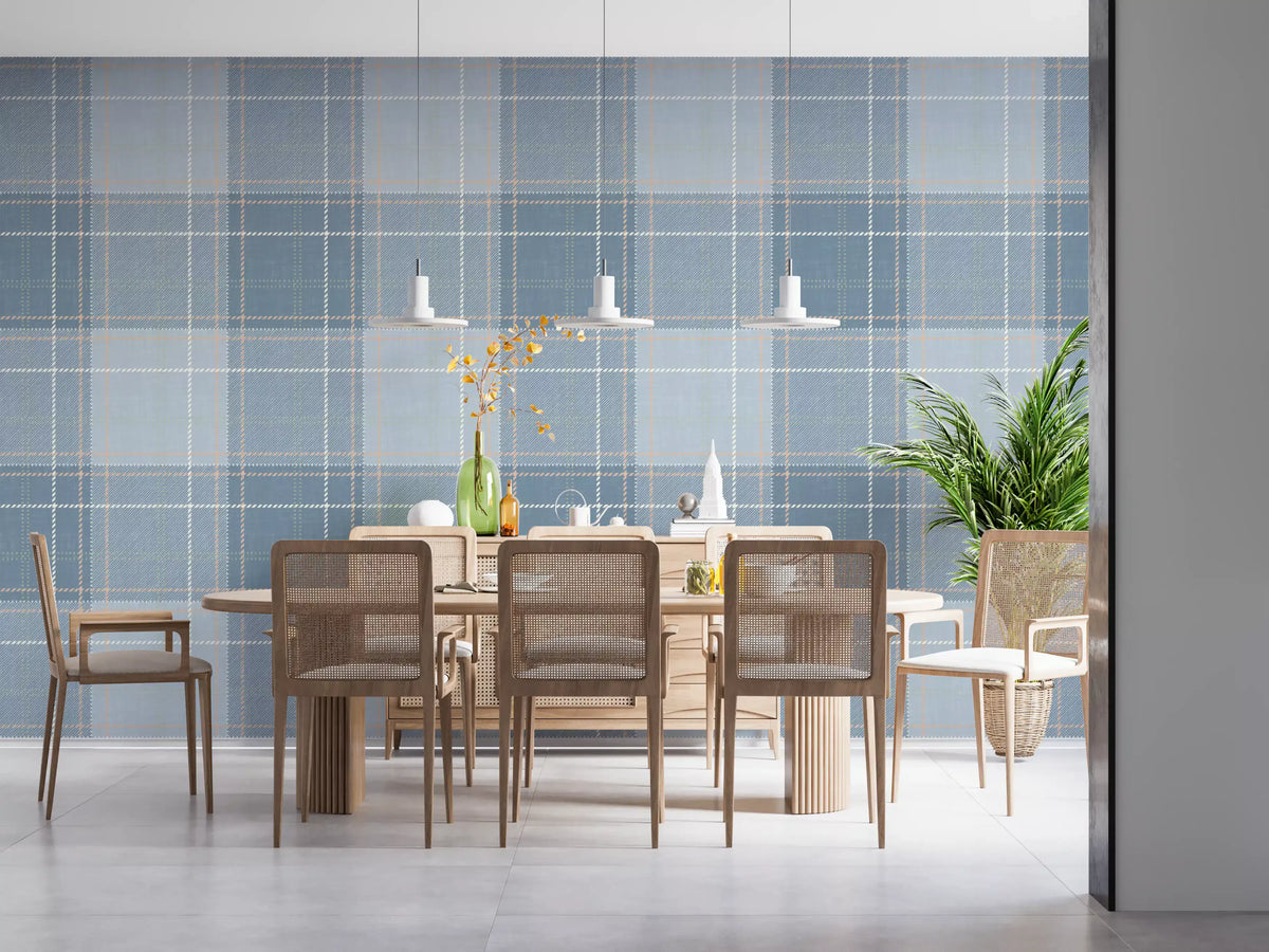 Blue tartan checkerboard wallpaper in a dining room with wood table and rattan chairs GD12763
