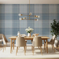 Heritage Plaid - Tartan Checkerboard Block Linen - French & Denim Blue Wallpaper⁠