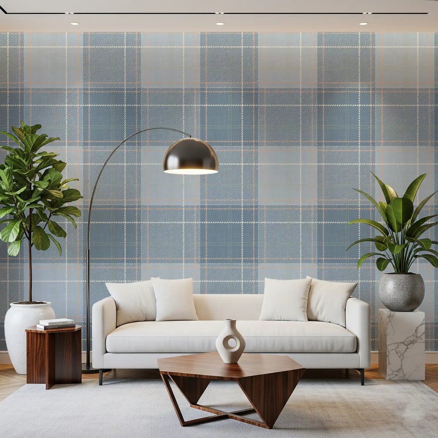 Heritage Plaid - Tartan Checkerboard Block Linen - French & Denim Blue Wallpaper⁠
