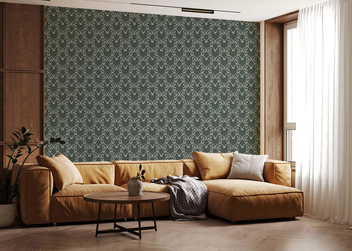 Sage green organic arch pattern wallpaper behind a tan sofa in a modern living room GD12768