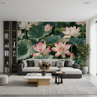 Serene Lotus Pond Botanical Illustration Wall Mural