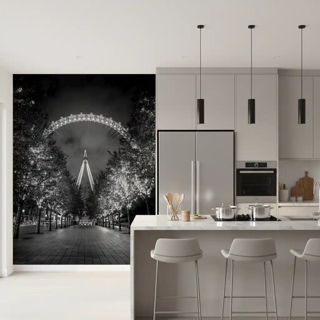 Evening lights urban walkway wall mural in a kitchen with white island and bar stools GD12778