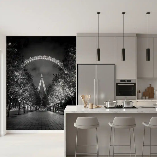 Evening lights urban walkway wall mural in a kitchen with white island and bar stools GD12778