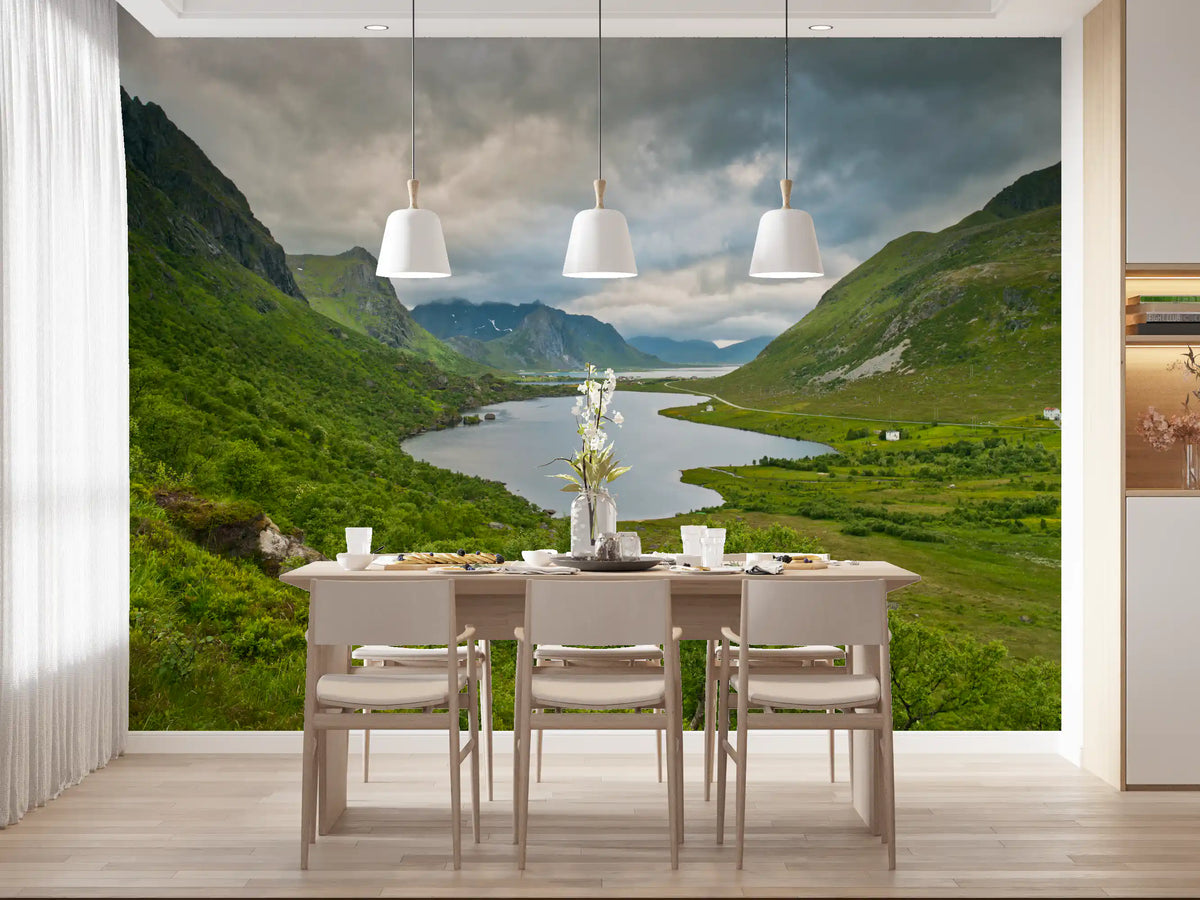 Alpine lake and valley mural in a dining room with pale wood table and chairs GD12780