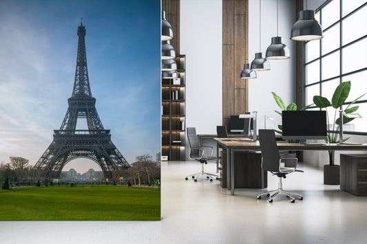 Eiffel Tower mural in a home office with a desk, computer and office chair GD12784