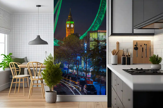 Neon London nightscape wall mural behind a wooden dining set and grey kitchen GD12792