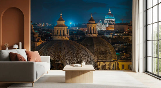 Roman rooftops dusk mural behind a grey sofa with terracotta cushions GD12793