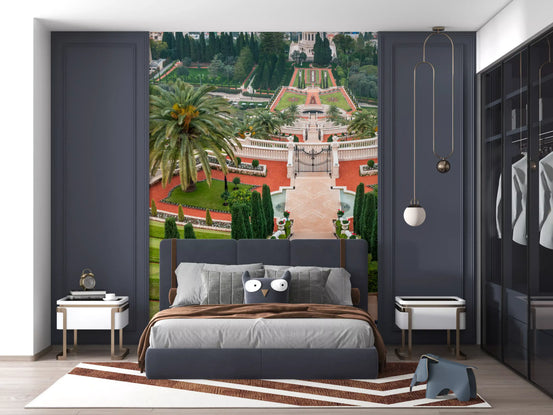 Mediterranean terrace garden mural behind a grey bed and dark wardrobe GD12794