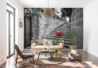 Monochromatic Staircase with Red Accents Wall Mural