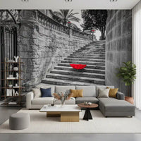Monochromatic Staircase with Red Accents Wall Mural