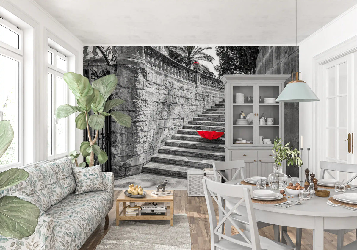 Monochromatic staircase mural with red accent behind a white dining set GD12795