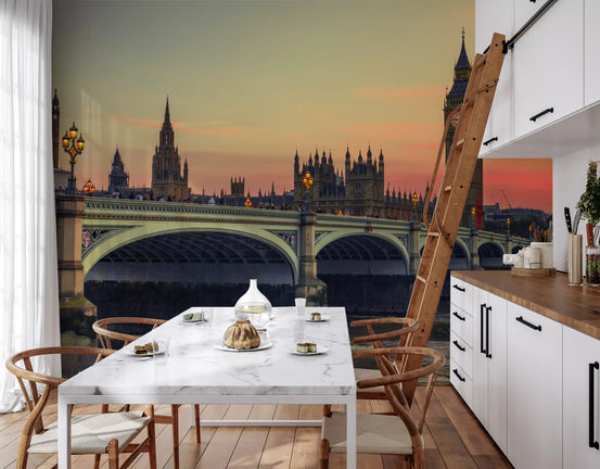 Westminster Bridge sunset wall mural behind a marble dining table with wooden chairs GD12798