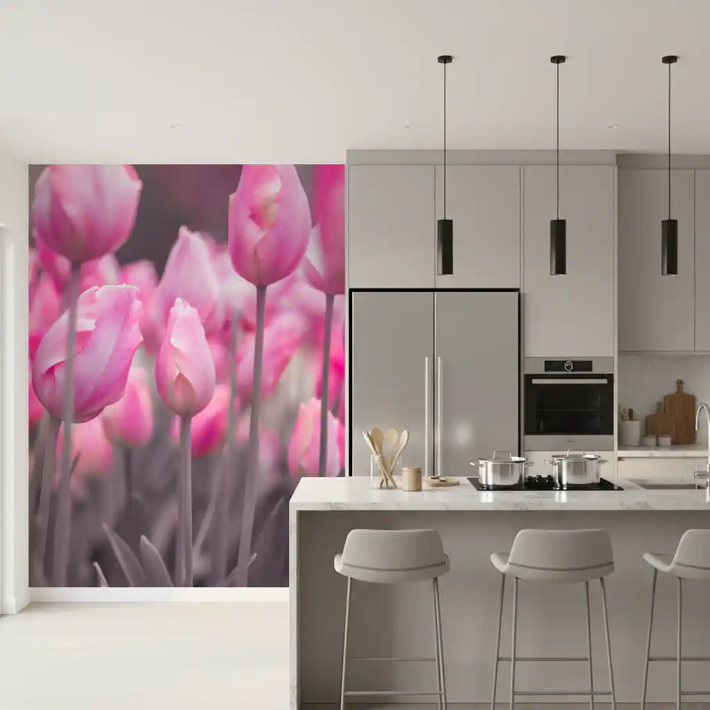 Pink tulip wall mural beside a grey kitchen island with bar stools GD12802