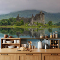 Misty Lochside Fortress Ruins Wall Mural