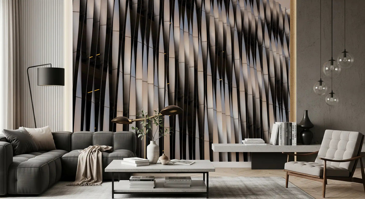 Abstract geometric steel curves wall mural in a living room with a grey sofa and pendants GD12808