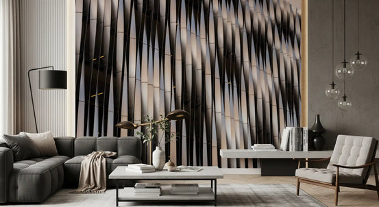 Abstract geometric steel curves wall mural in a living room with a grey sofa and pendants GD12808