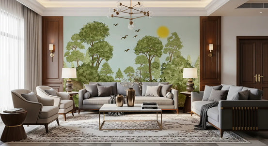 Enchanted Woodland Wildlife Meadow wall mural behind grey sofas and a patterned rug GD12812