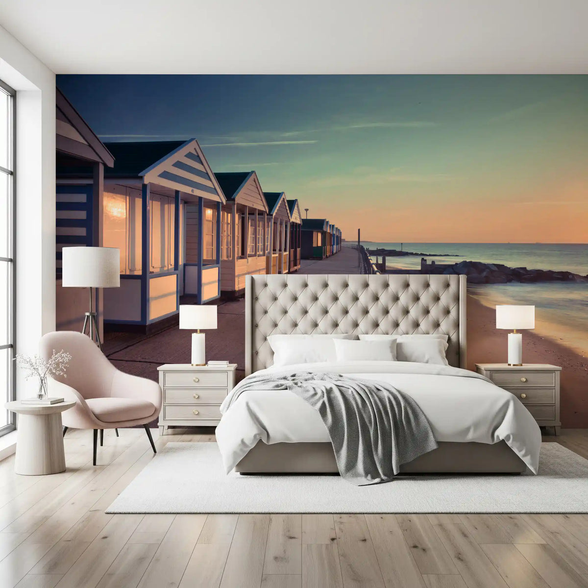 Sunrise Promenade View wall mural behind an upholstered bed and pink accent chair GD12815