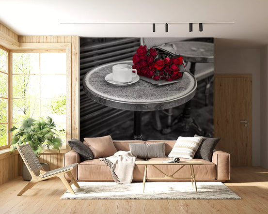 Crimson Blooms at a Bistro Table Wall Mural