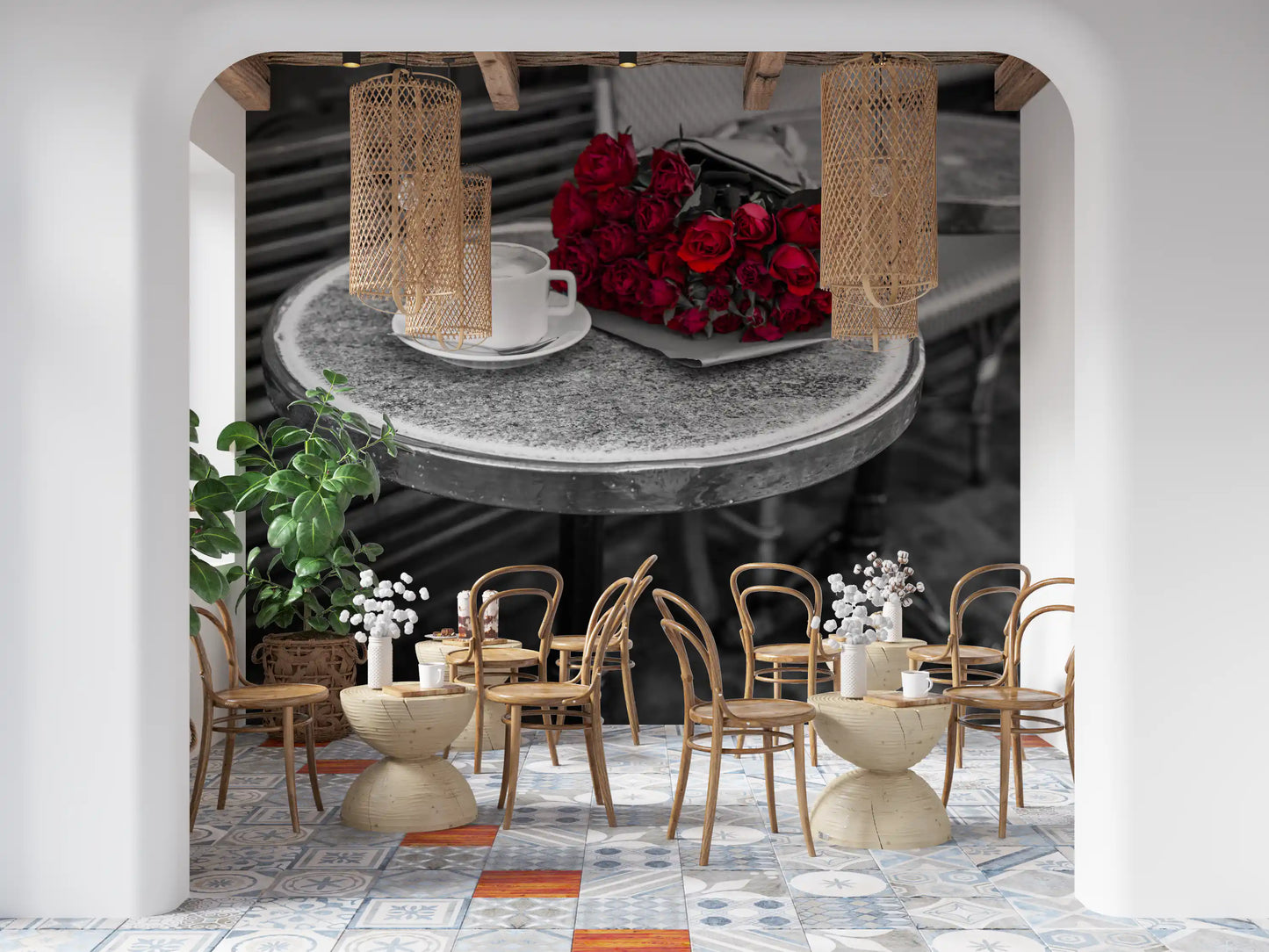 Crimson Blooms at a Bistro Table Wall Mural