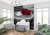 Crimson Blooms at a Bistro Table Wall Mural