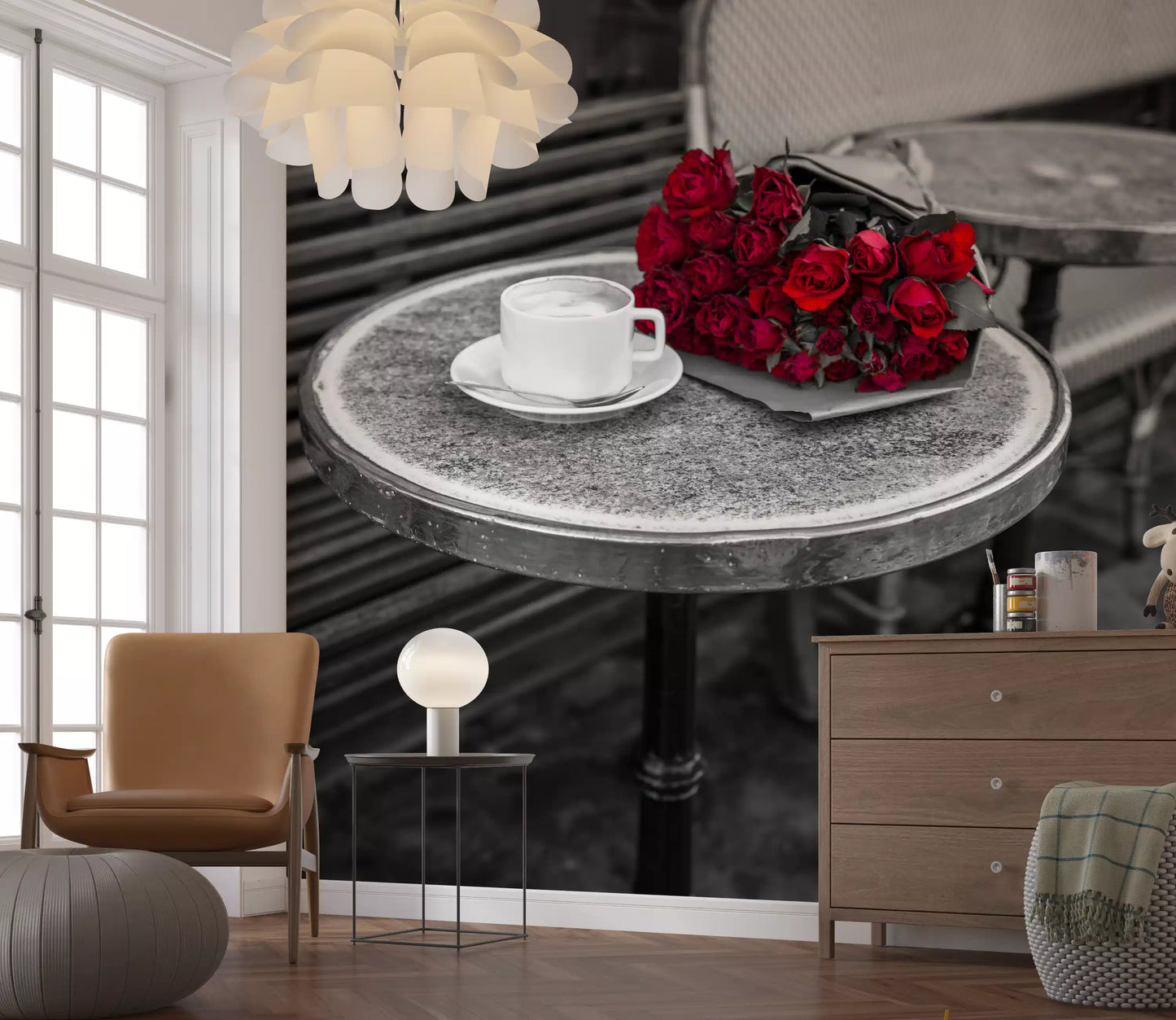 Crimson Blooms at a Bistro Table Wall Mural