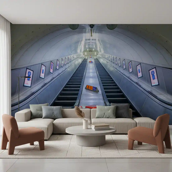 Living room grounded by the Metallic Transit Geometry wall mural, GD12830
