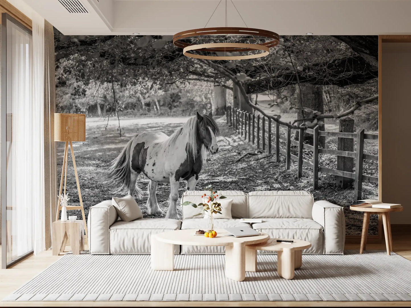 Pastoral Equine Monochrome Landscape Wall Mural