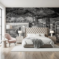 Pastoral Equine Monochrome Landscape Wall Mural