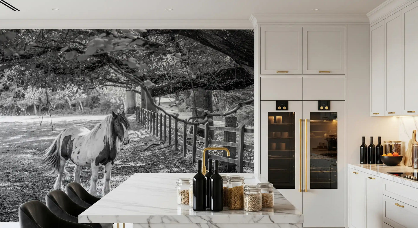 Pastoral Equine Monochrome Landscape Wall Mural