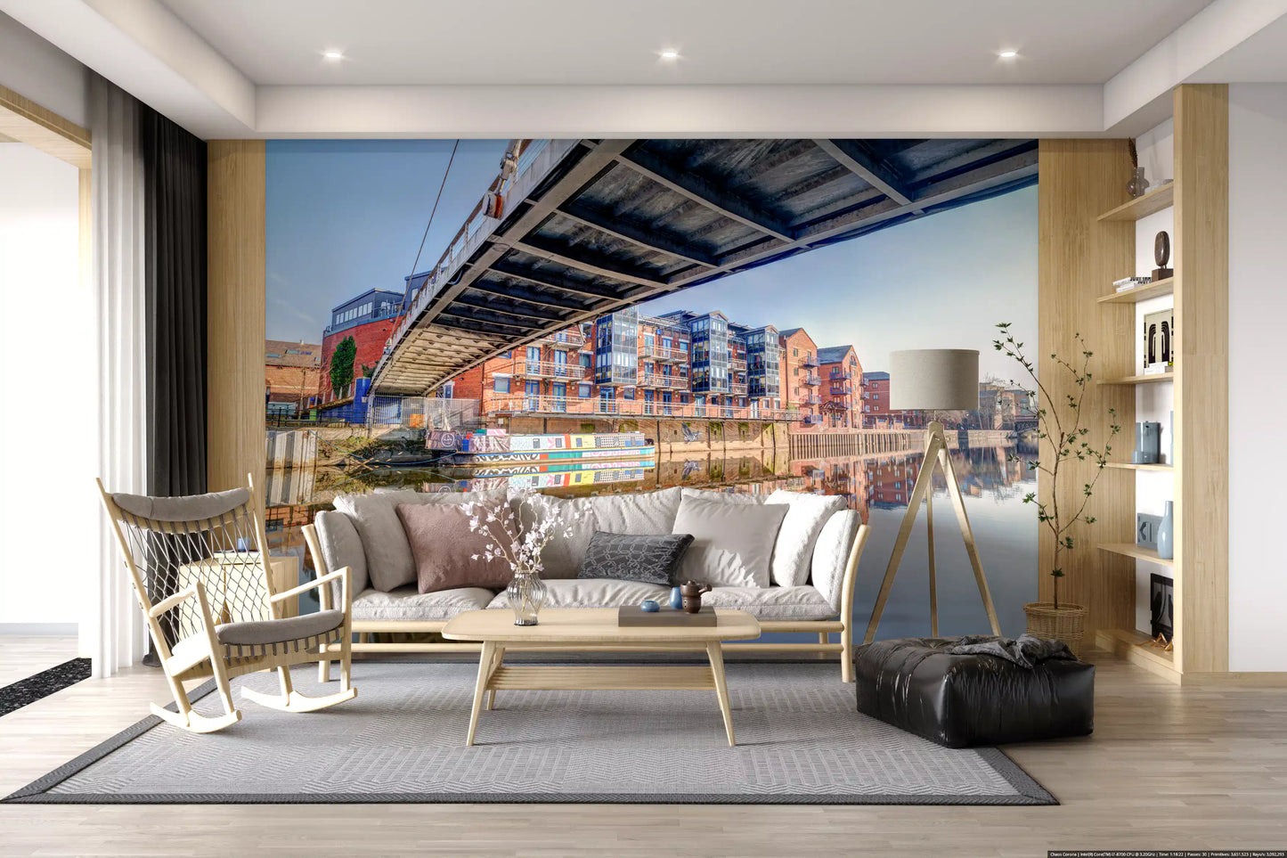 Riverside Urban Architecture and Steel Bridge Wall Mural