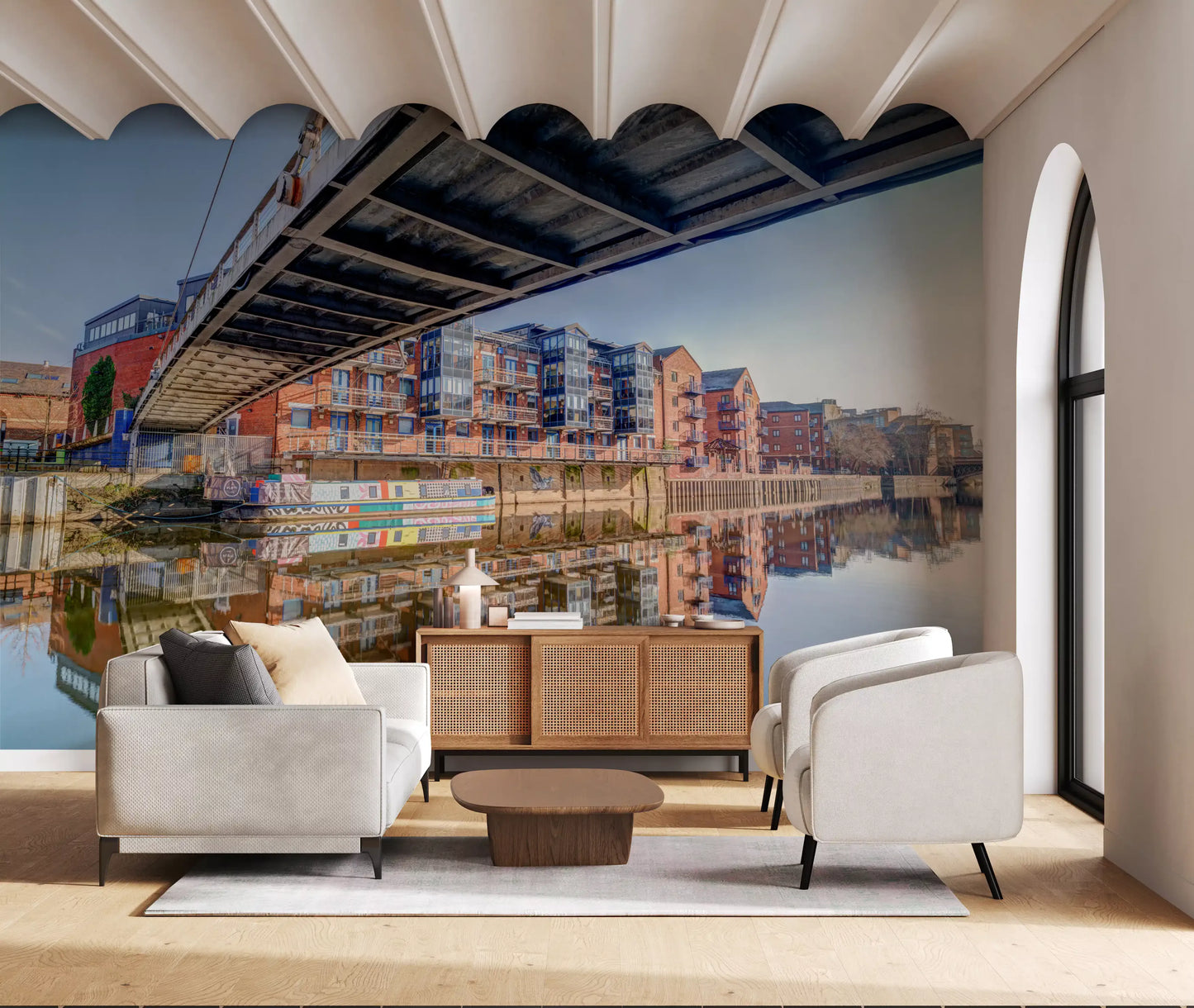 Riverside Urban Architecture and Steel Bridge Wall Mural