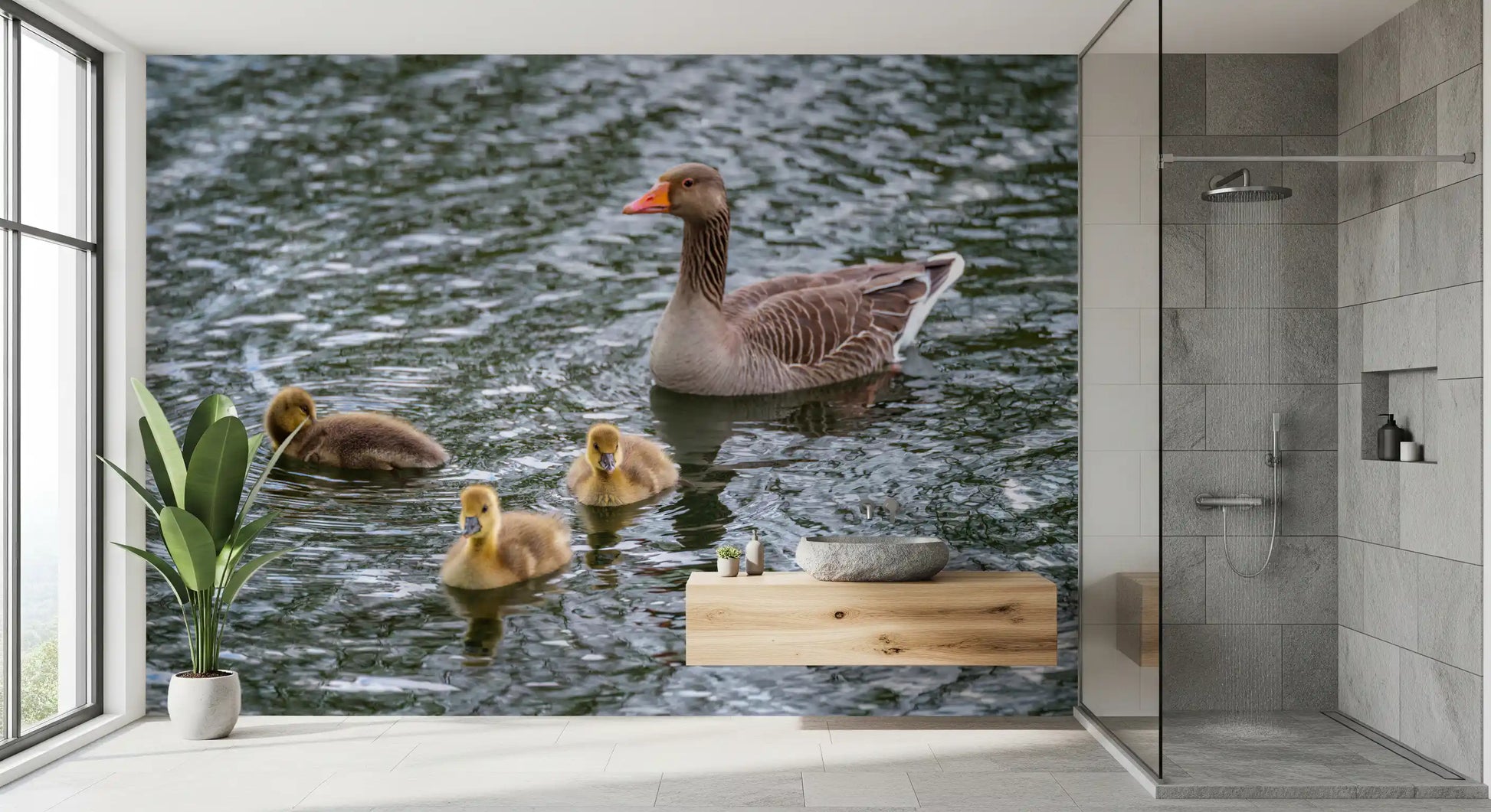 Rippled water wall mural spanning a relaxed bathroom layout GD12838
