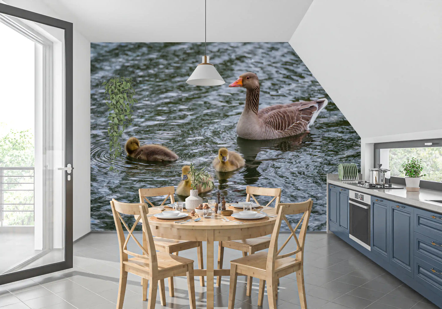 Pond reflections wall mural wrapping a bright kitchen and dining area feature area GD12838
