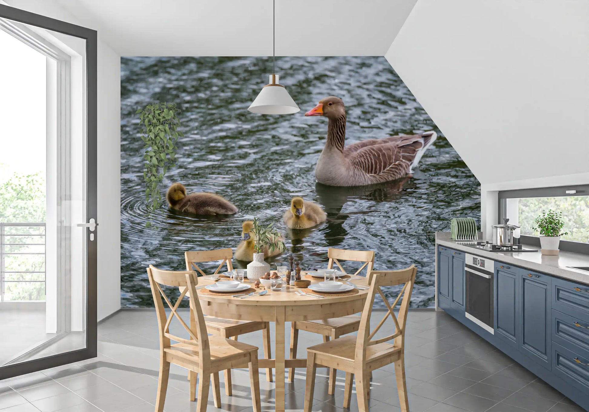 Pond reflections wall mural wrapping a bright kitchen and dining area feature area GD12838
