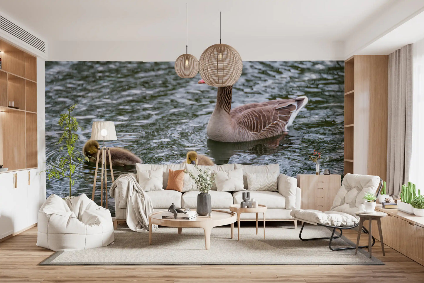 Three golden goslings follow the goose on this Serene Waterfowl wall mural GD12838
