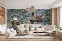 Three golden goslings follow the goose on this Serene Waterfowl wall mural GD12838

