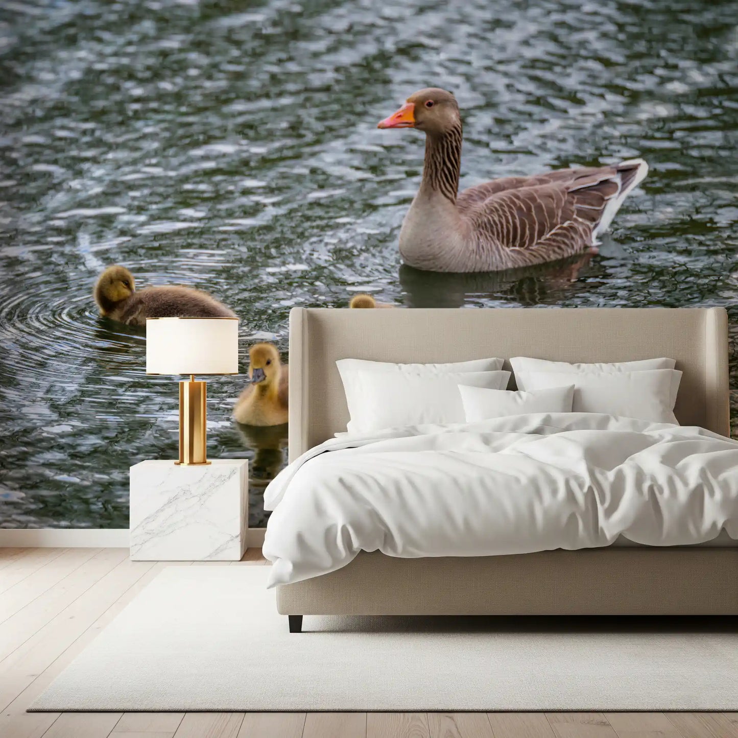Goslings and goose wall mural behind a restful bedroom setting GD12838
