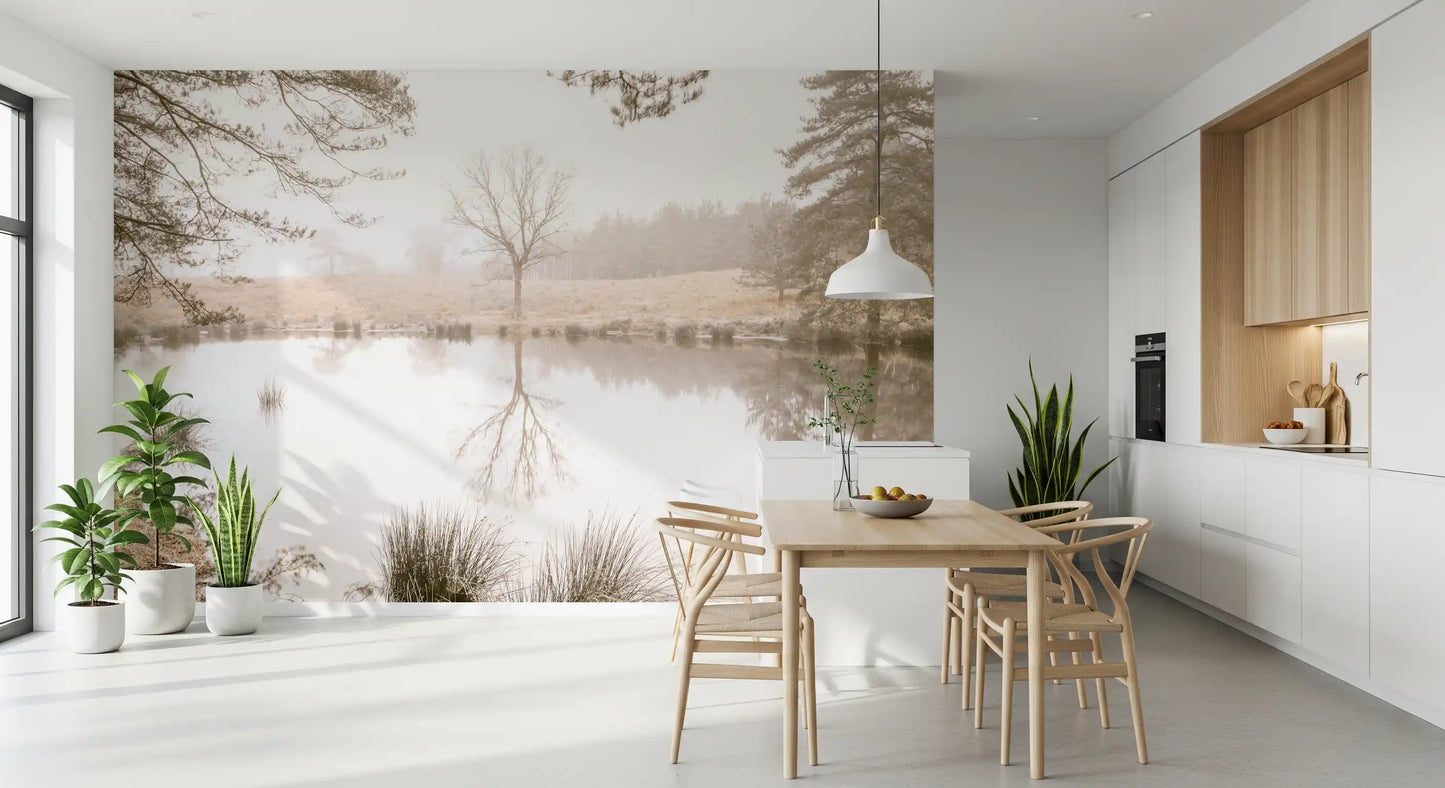 Misty pines fade into pale fog on this sepia wall mural, GD12839
